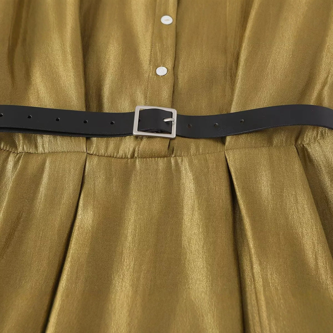 Damen Ärmelloses Hemdblusenkleid mit Taillenfalten und Gürtel Shop Nory