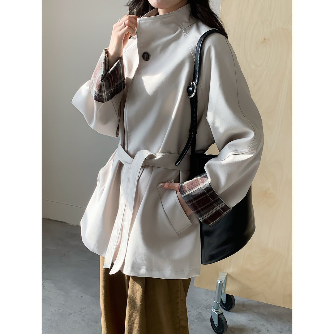 Damen Oversize Trenchcoat mit Taillengürtel und karierter Ärmelaufschlag Shop Nory