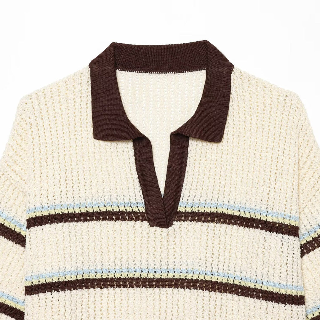 Damen Kurzarm-Polopullover aus Lochstrick mit offenem V-Ausschnitt Shop Nory