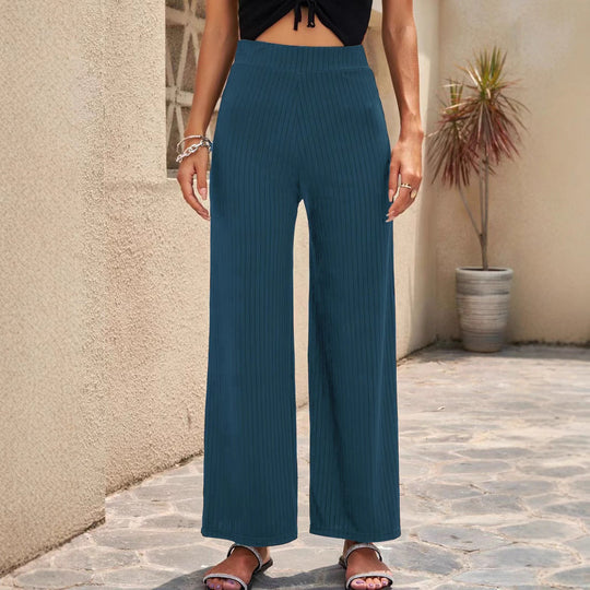 Damen Weite, gestreifte Plisseehose mit hohem Bund und elastischem Taillenbund
