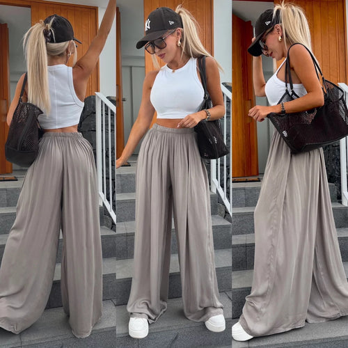 Damen weit geschnittene Palazzo-Hose mit hohem elastischem Bund und fließendem Jersey Shop Nory
