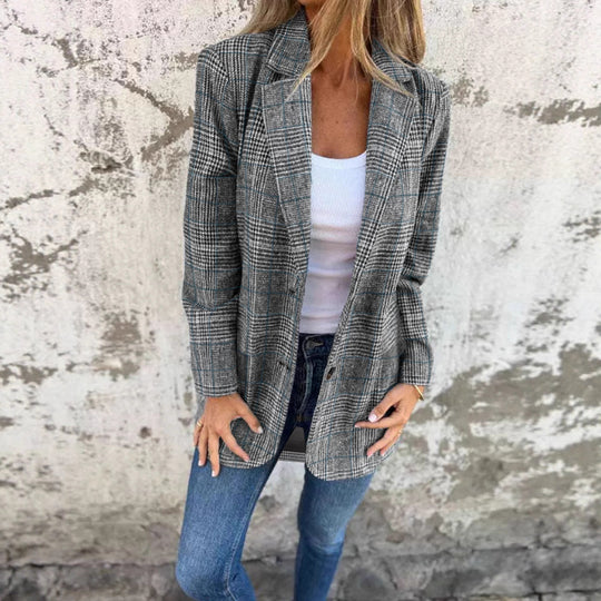 Damen Lockerer Glencheck-Blazer mit Reverskragen, Pattentaschen und Ein-Knopf-Verschluss Shop Nory