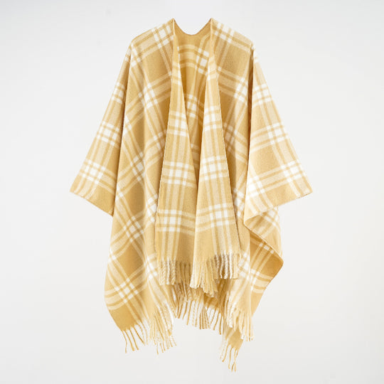 Damen Karierter Wollmix-Überwurf im Kimono‑Cape mit offener Front und Fransen Shop Nory