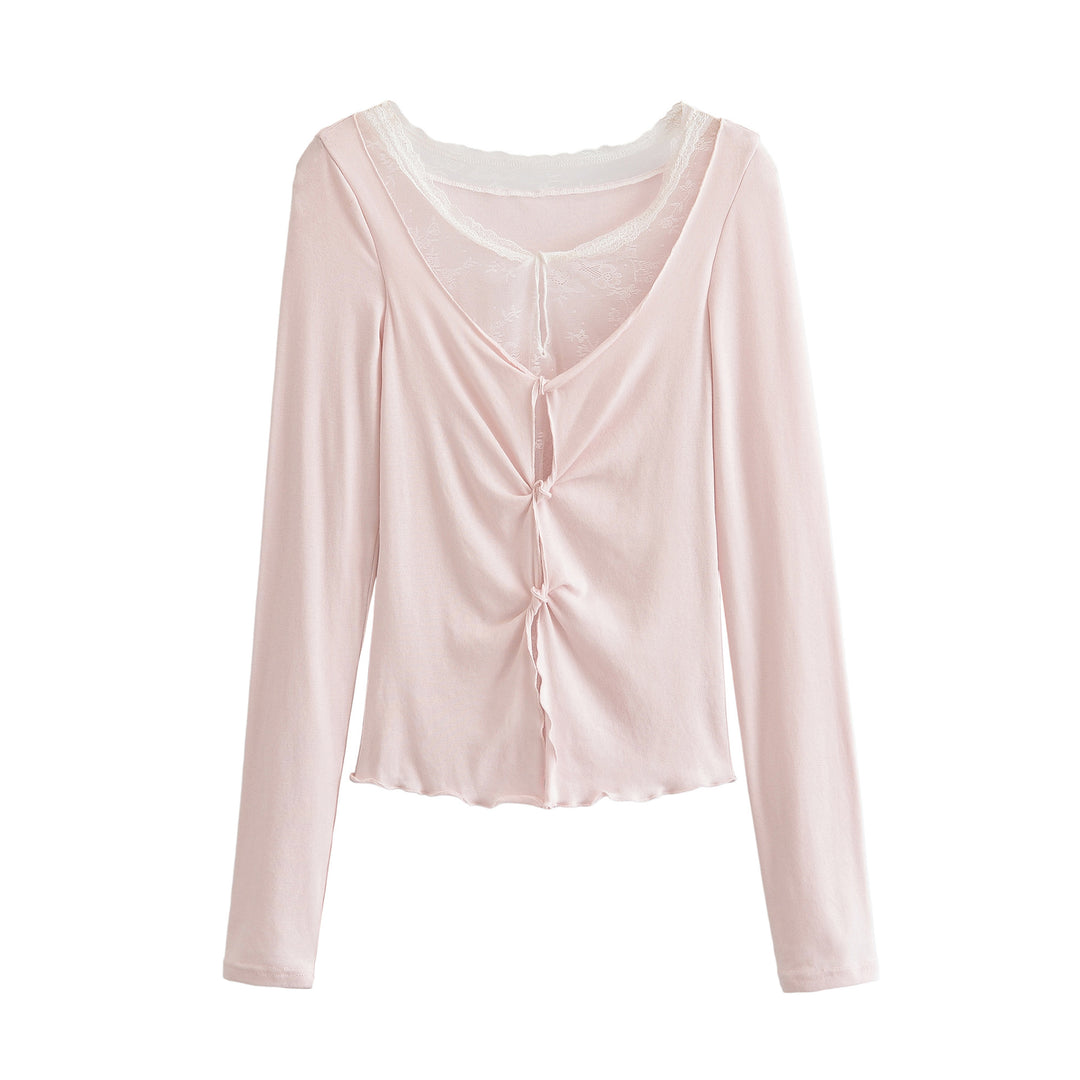 Damen Langarm-Feinjersey-Top mit Spitzen-Einsatz, Knotenfront und Raffung Shop Nory