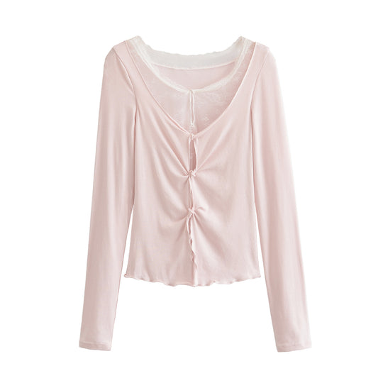 Damen Langarm-Feinjersey-Top mit Spitzen-Einsatz, Knotenfront und Raffung Shop Nory