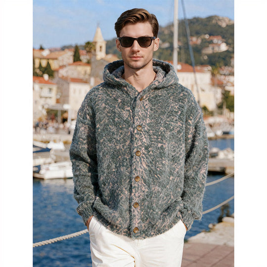 Damen Flauschige Kapuzen-Strickjacke mit Knopfleiste und melierter Bouclé-Optik Shop Nory