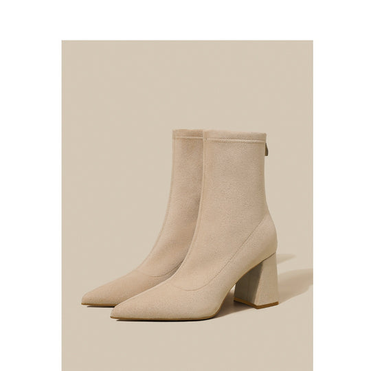 Damen Spitze Sock‑Ankle‑Boots mit skulpturellem Blockabsatz und Stretch‑Veloursoptik Shop Nory