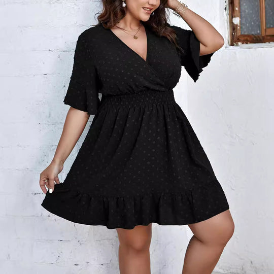 Damen Midikleid mit drapiertem V‑Ausschnitt, Smok-Taillenband und Volantstufen Shop Nory
