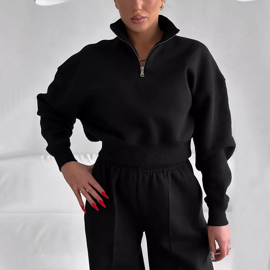 Damen Zweiteiliges Cropped-Halbzip-Sweatset mit Stehkragen und elastischer High-Waist-Jogginghose Shop Nory