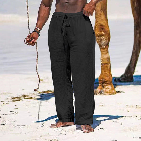 Herren lässige Strandhose aus leichtem Leinenstoff mit elastischem Bund und Kordelzug