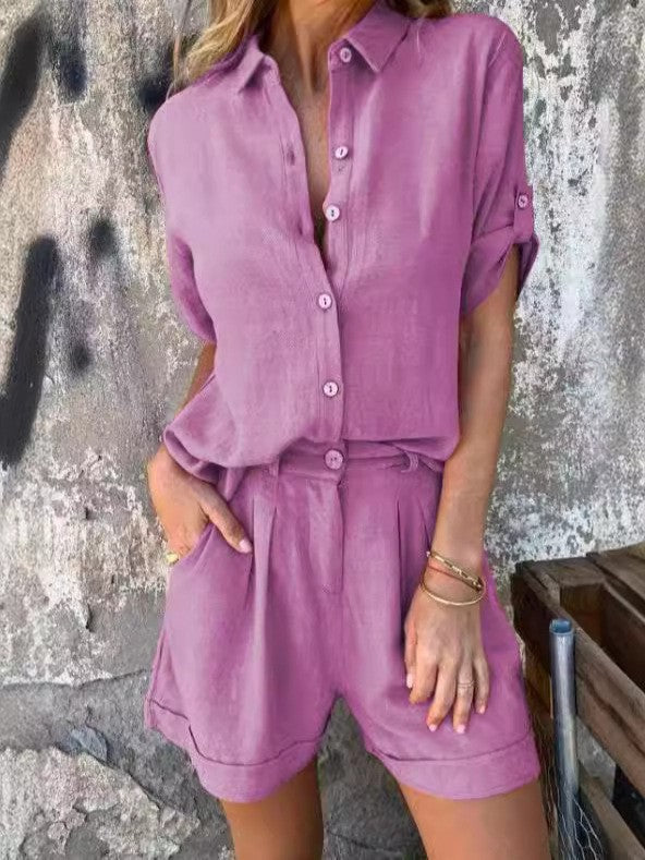 Damen Lässiges Jumpsuit-Set mit knöpfbarem Oberteil und elastischem Taillenzug Shopnory