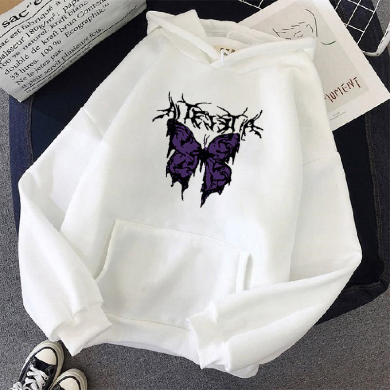 Damen nan Oversize-Kapuzenpullover mit gothischer Schmetterlings-Illustration und Kängurutasche Shop Nory