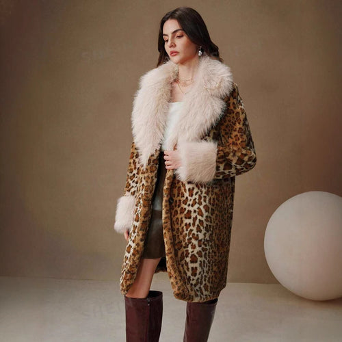 Damen Midilanger Kunstpelzmantel im Animal-Look mit abgesetztem Langhaar-Kragen und Manschetten Shop Nory