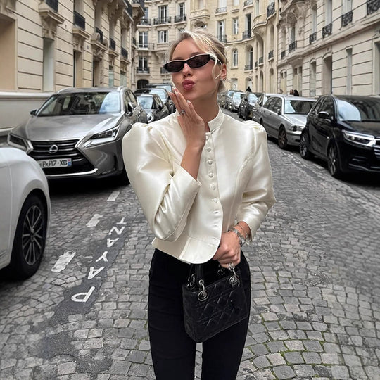 Damen Taillierte Satin-Bolerojacke mit Stehkragen & betonten Puffärmeln Shop Nory