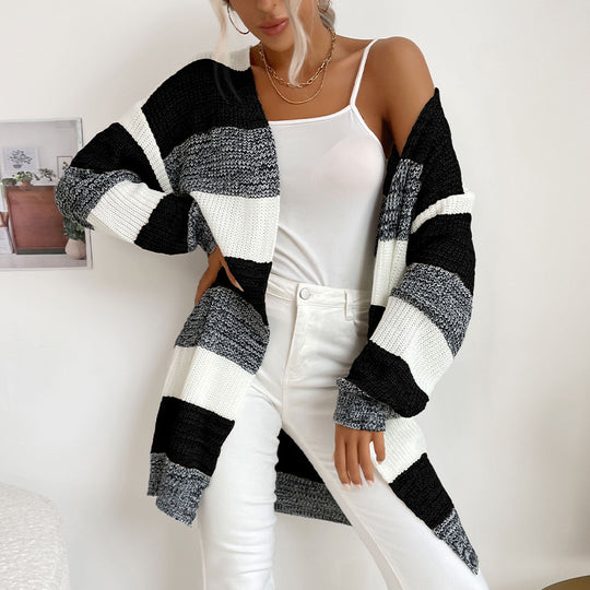 Damen Langer Oversize-Strickcardigan mit Blockstreifen und offener Front Shop Nory