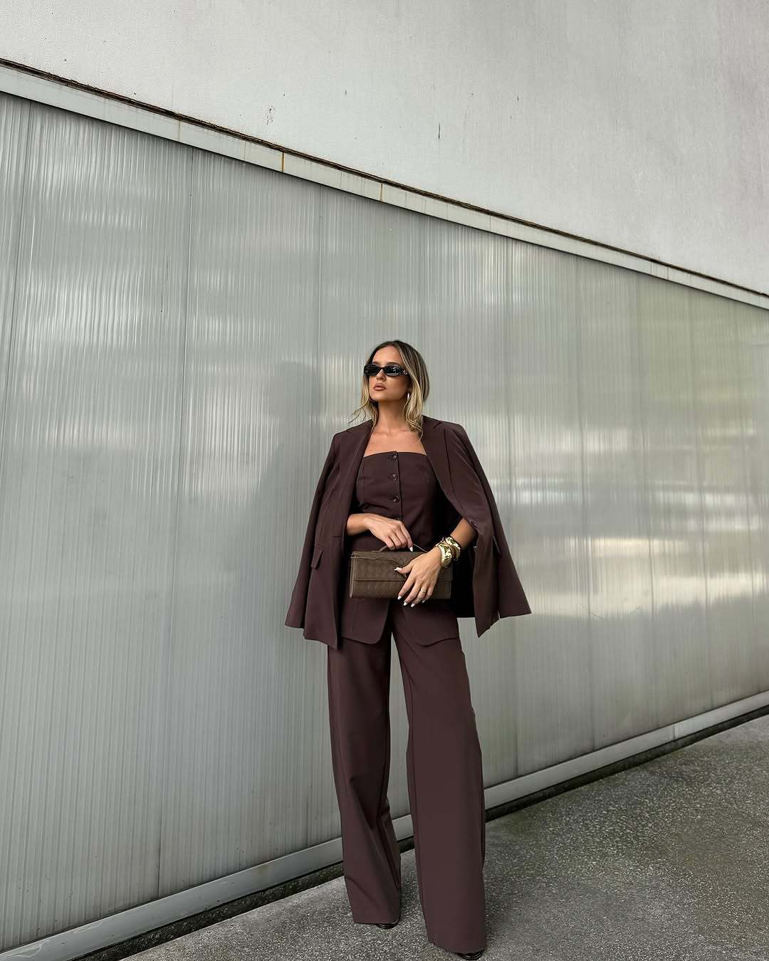 Damen Zweiteiliges Tailoring-Set mit trägerlosem Korsagenoberteil und weiter Palazzohose Shop Nory