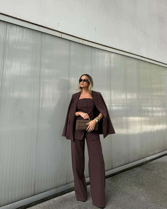 Damen Zweiteiliges Tailoring-Set mit trägerlosem Korsagenoberteil und weiter Palazzohose Shop Nory