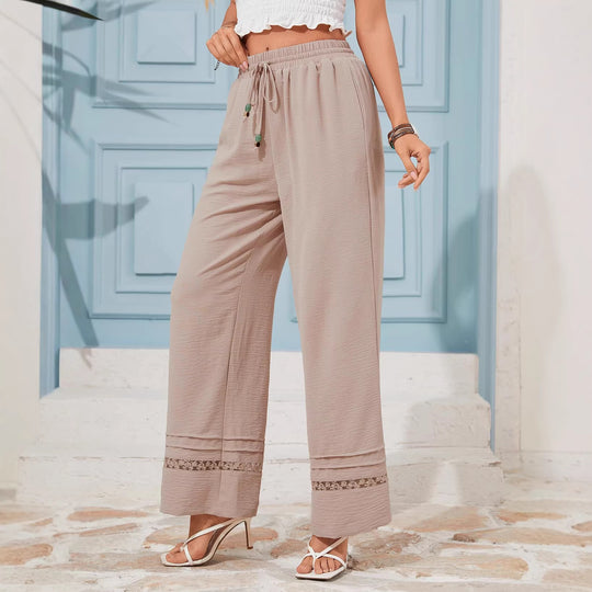 Damen Weite Leinenoptik-Hose mit hohem Gummibund, Bindekordel und Spitzeneinsatz Shop Nory