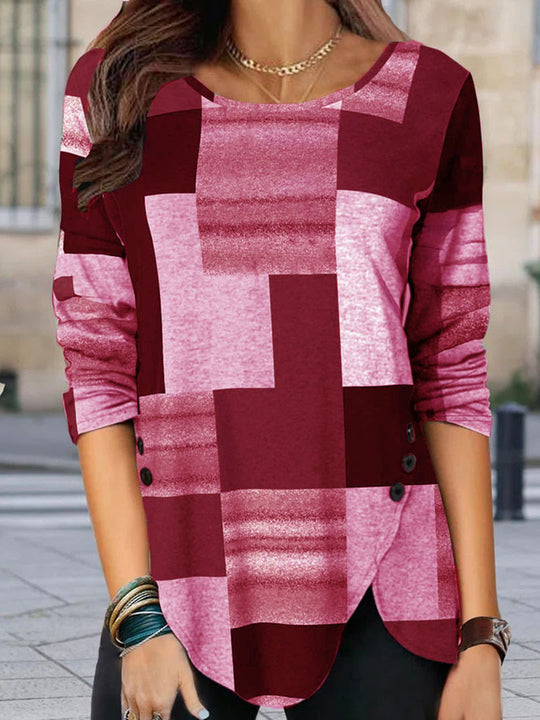 Damen gemustertes Langarm-Tunika-Shirt mit asymmetrischem Saum und dekorativer Knopfleiste Shop Nory