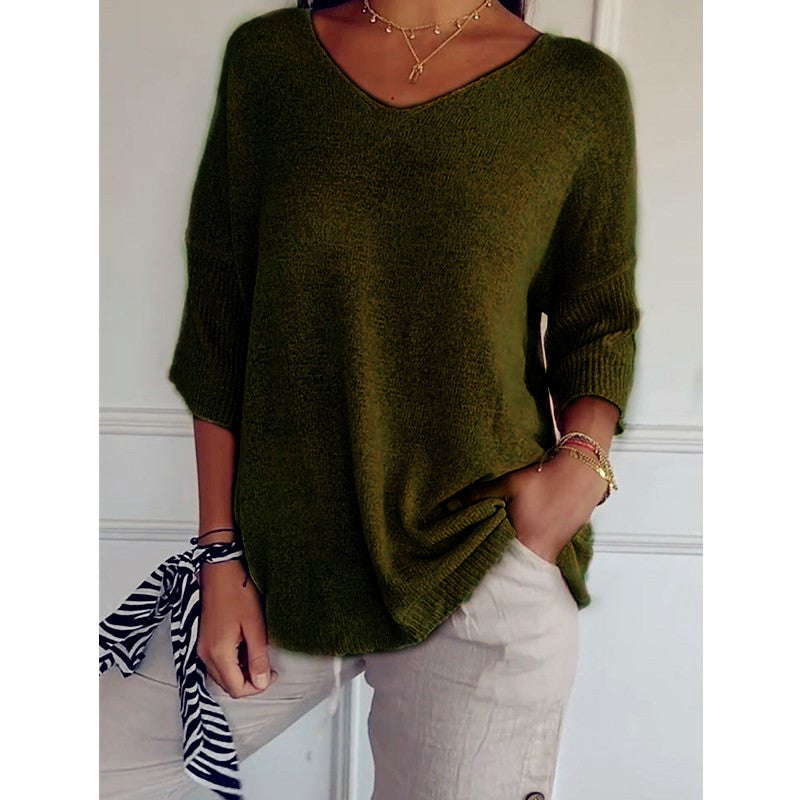 Damen nan locker sitzender V-Ausschnitt Feinstrickpullover mit dreiviertelÄrmeln Shop Nory