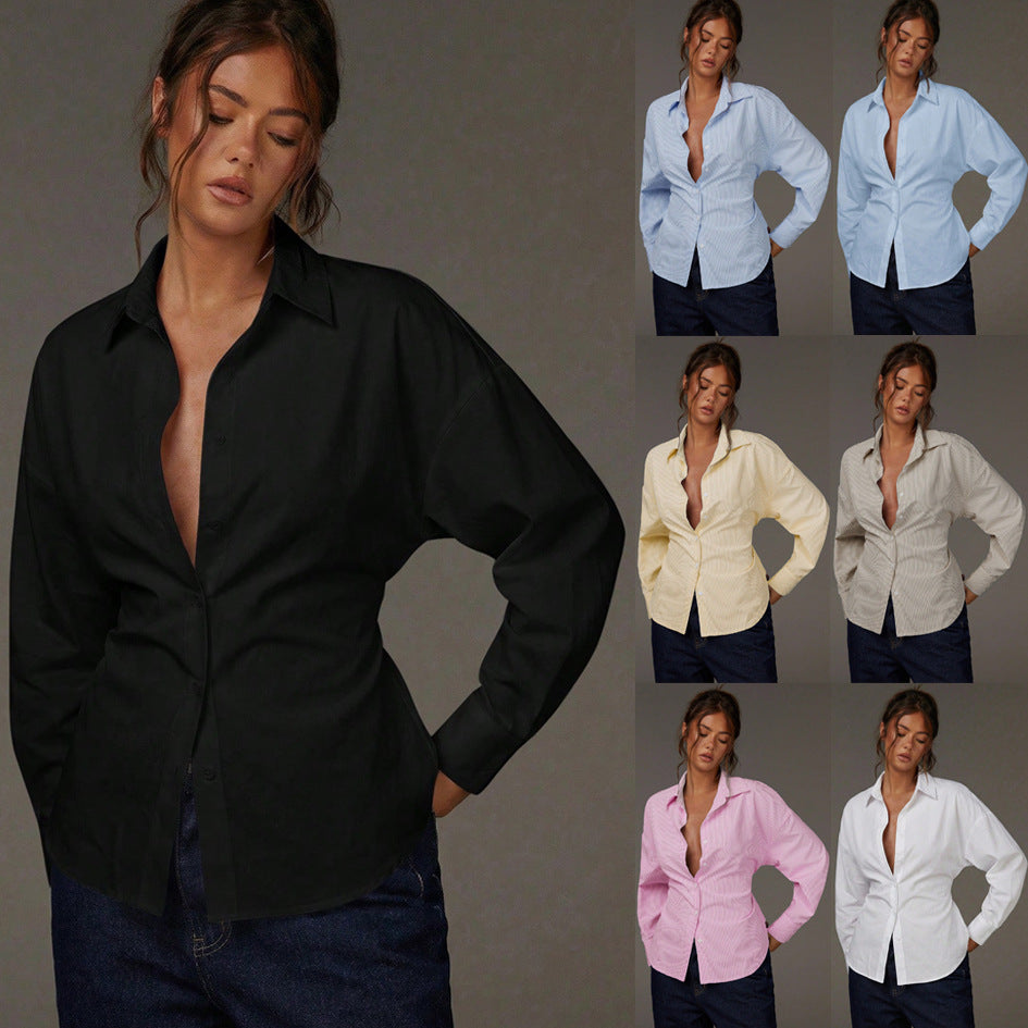 Damen Oversize Hemdbluse mit Nadelstreifen, überschnittener Schulter und taillierter Raffnaht Shop Nory