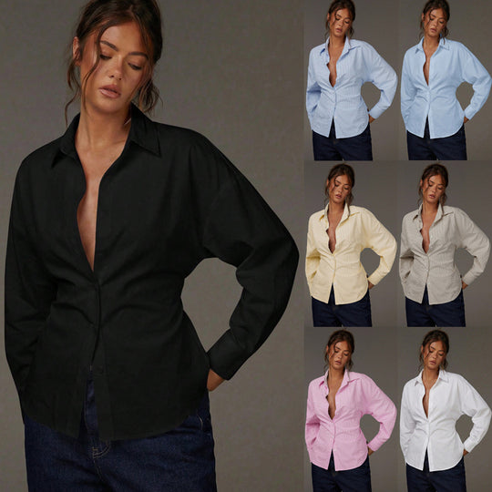 Damen Oversize Hemdbluse mit Nadelstreifen, überschnittener Schulter und taillierter Raffnaht Shop Nory