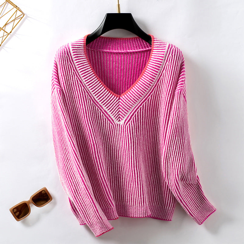 Damen Strickpullover mit V-Ausschnitt und gestreiftem Design Shopnory