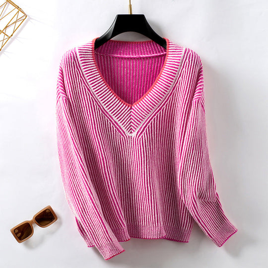 Damen Strickpullover mit V-Ausschnitt und gestreiftem Design Shopnory