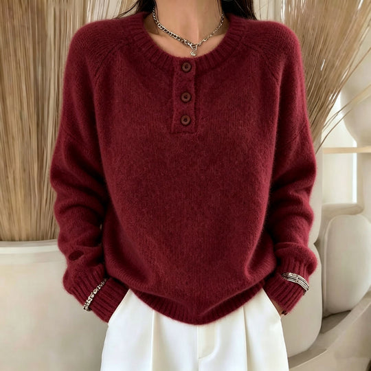 Damen Kuscheliger Rundhals-Henley-Pullover mit Knopfleiste und Raglanärmeln Shop Nory