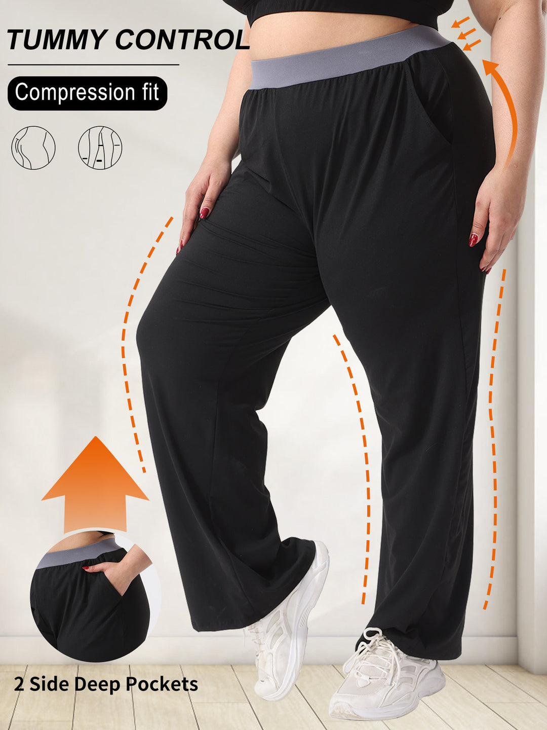 Damen Weite hochgeschnittene Kompressionshose mit taillenformendem Bund und tiefen Seitentaschen Shopy Nory