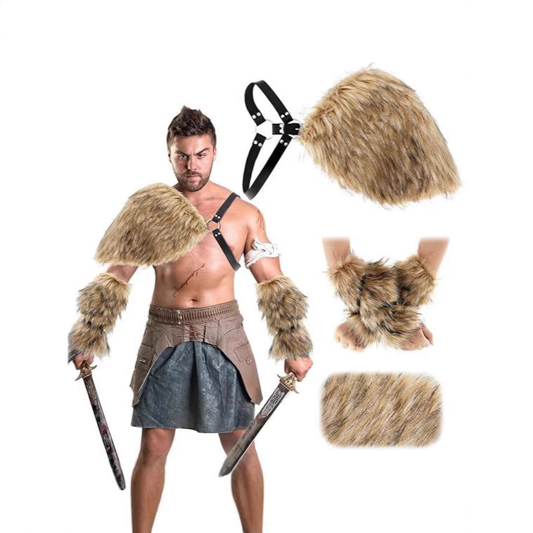 Herren Kriegerisches Kostüm‑Accessoire‑Set aus Kunstpelz mit Schulterbehang, Armschützern und verstellbarem Leder‑Harness Shop Nory