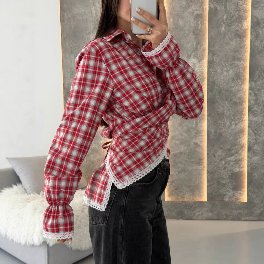 Damen kariertes Hemd mit Spitzenbesatz und asymmetrischem Wickel-Saum Shop Nory
