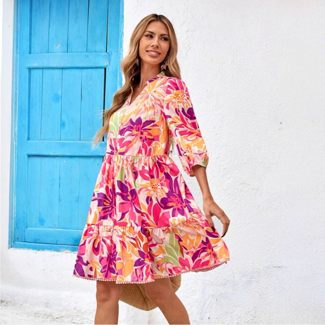 Damen Blusenkleid mit floralen Prints und voluminösen Ärmeln