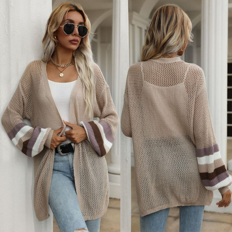 Damen Longline-Netzstrick-Cardigan mit Ballonärmeln und Blockstreifen Shop Nory