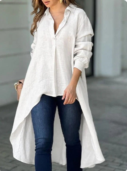 Damen Leichte Leinen‑Tunika‑Bluse mit asymmetrischem High‑Low‑Schwanz und Hemdkragen Shop Nory