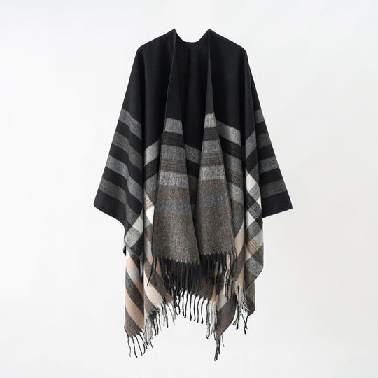 Damen Grobgewebte Cape‑Ruana im Oversize mit verlaufendem Karomuster und Fransensaum Shop Nory