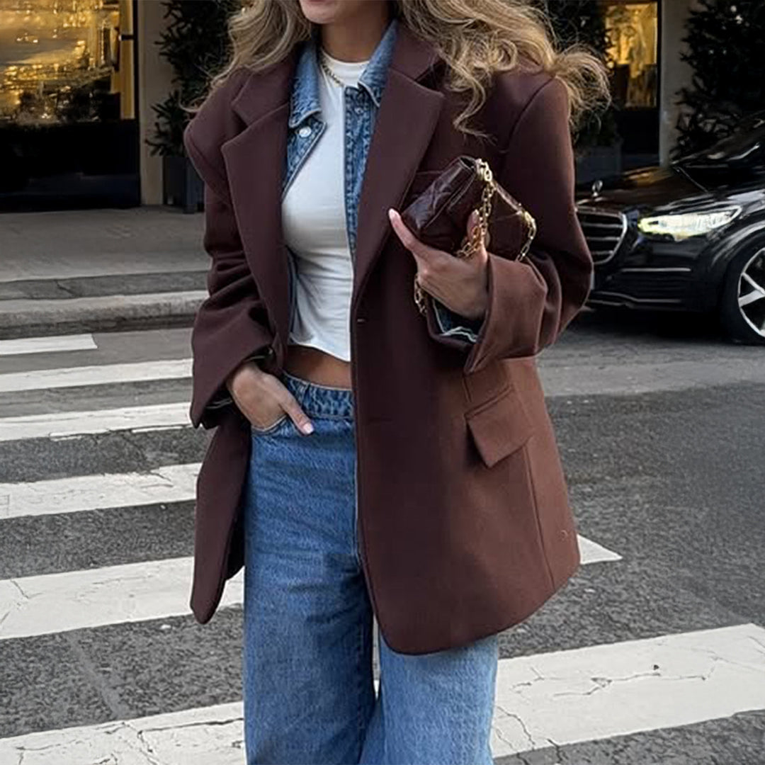 Damen nan oversized Longblazer mit kastigem Schnitt, Reverskragen, gefütterten Pattentaschen und strukturierter Wollmischung Shop Nory