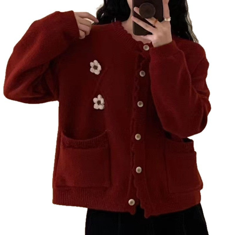 Damen Strickjacke mit Blumenapplikationen Shop Nory
