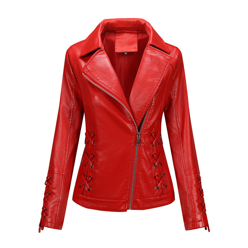 Damen Lederimitat-Bikerjacke mit seitlichen Schnürungen und asymmetrischem Reißverschluss Shop Nory