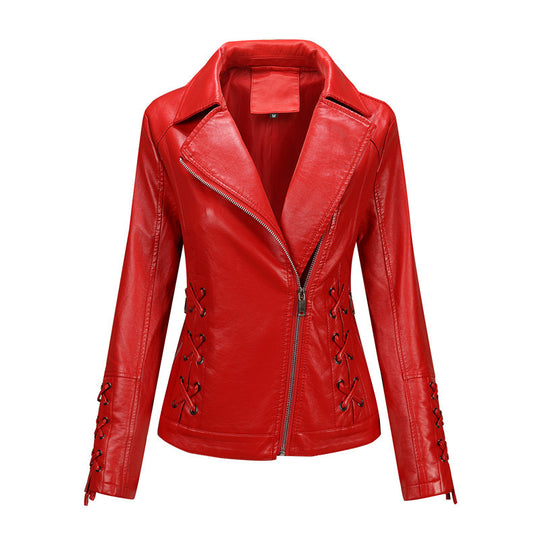 Damen Lederimitat-Bikerjacke mit seitlichen Schnürungen und asymmetrischem Reißverschluss Shop Nory