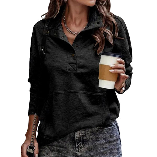 Damen Sweatpullover mit Stehkragen-Knopfleiste und Kängurutasche Shop Nory