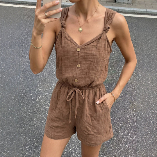 Damen lässiger Jumpsuit mit knöpfbarem V-Ausschnitt und elastischem Bund