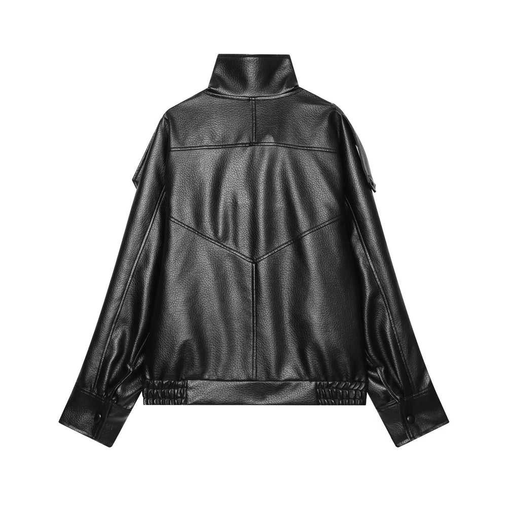 Damen Kurzjacke im asymmetrischen Biker‑Trenchstil aus veganer Lederoptik mit hohem Stehkragen Shop Nory