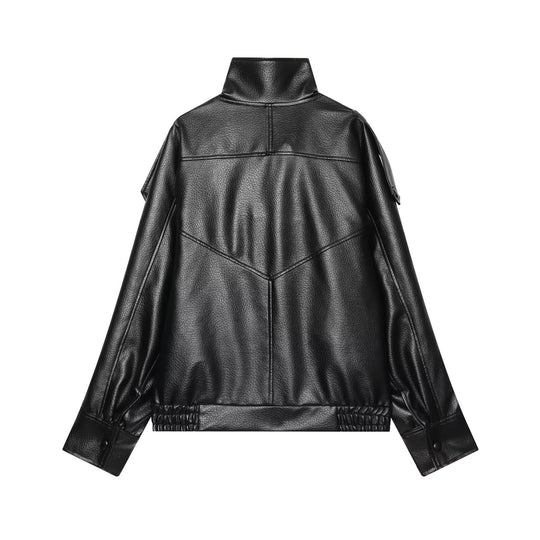 Damen Kurzjacke im asymmetrischen Biker‑Trenchstil aus veganer Lederoptik mit hohem Stehkragen Shop Nory