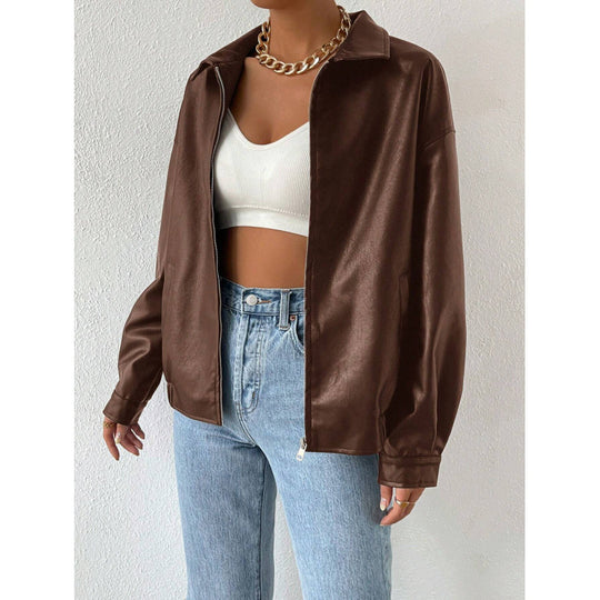 Damen Oversized Kunstleder-Blouson mit Reißverschluss und Hemdkragen Shop Nory