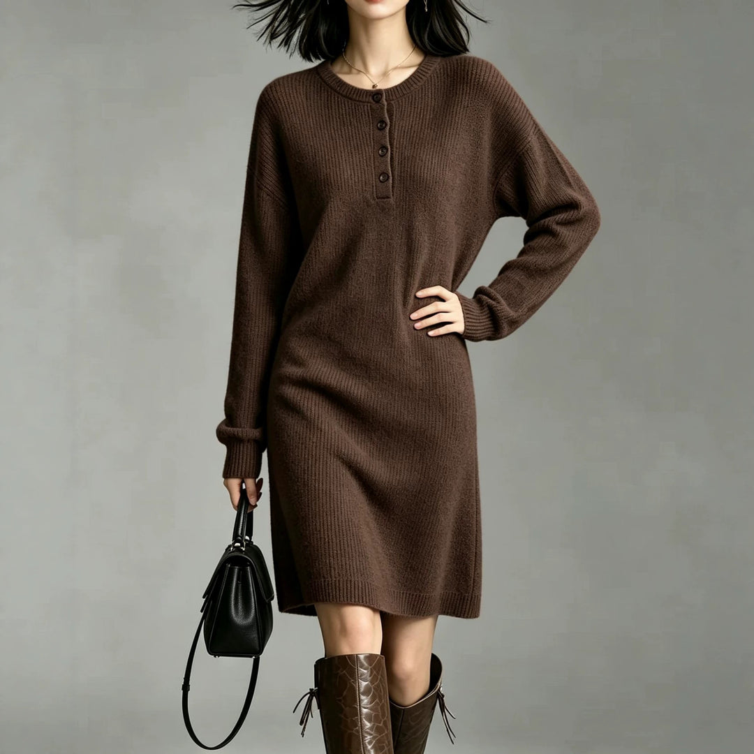 Damen Midilanges Strickkleid mit Henley-Leiste und gerippten Bündchen Shop Nory