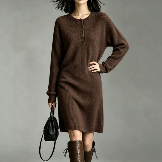 Damen Midilanges Strickkleid mit Henley-Leiste und gerippten Bündchen Shop Nory