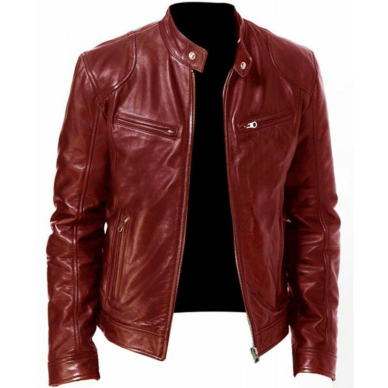 Herren schlanke Echtleder-Bikerjacke mit Stehkragen, zwei Brust-Reißverschlusstaschen und geradliniger Silhouette Shop Nory