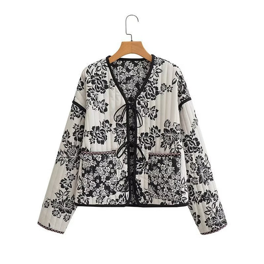 Damen Gestepptes Kurzblouson mit floralem Allover-Print und Bindeschleifen Shop Nory