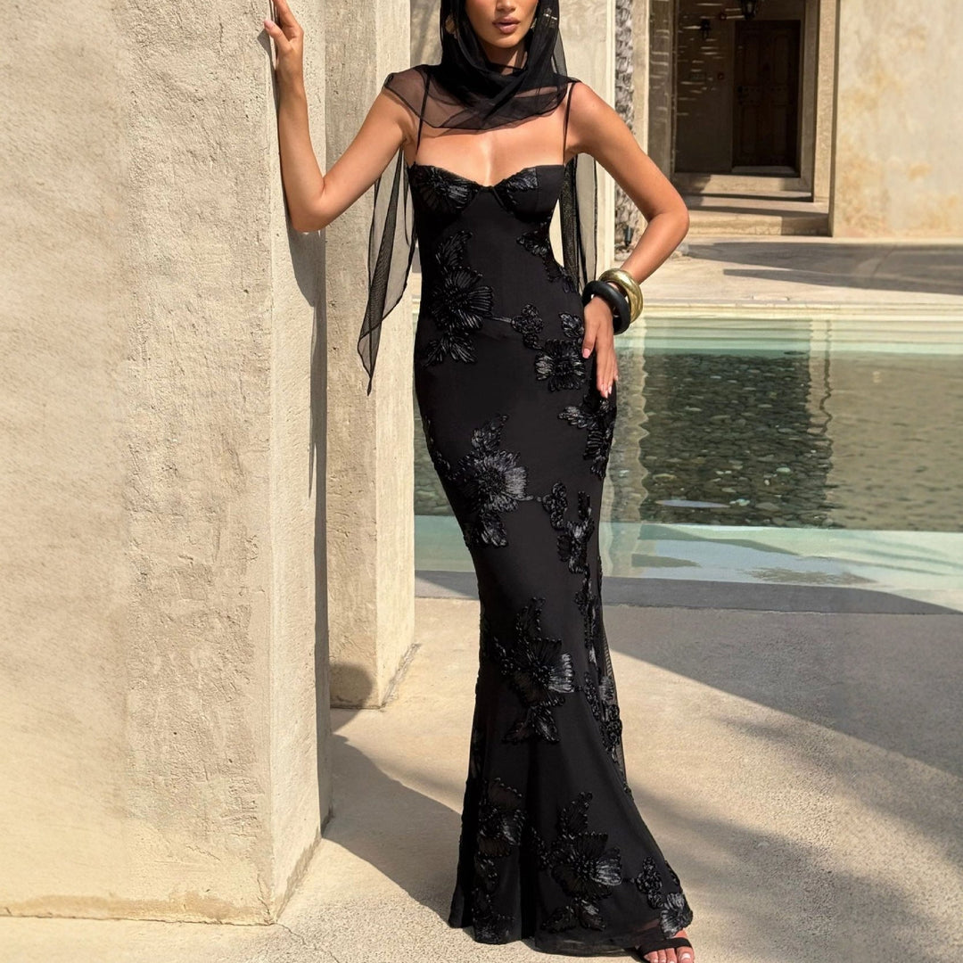 Damen figurbetontes Abendkleid mit floralem Stickdesign und hochwertigem Stoff